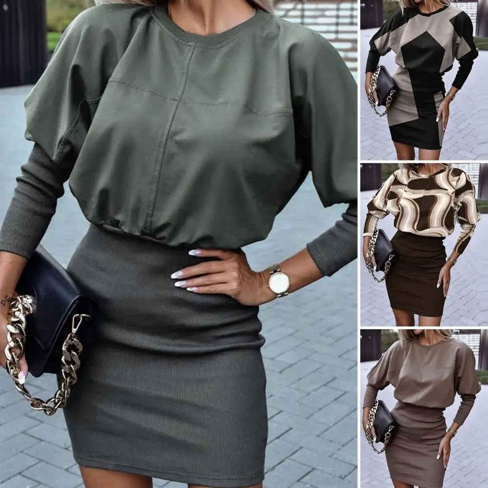 

O-Neck Long Sleeves Ribbed Cuffs High Waist Autumn Dress Office Lady Solid Color Hip Wrap Party Mini Dress Daily Clothing