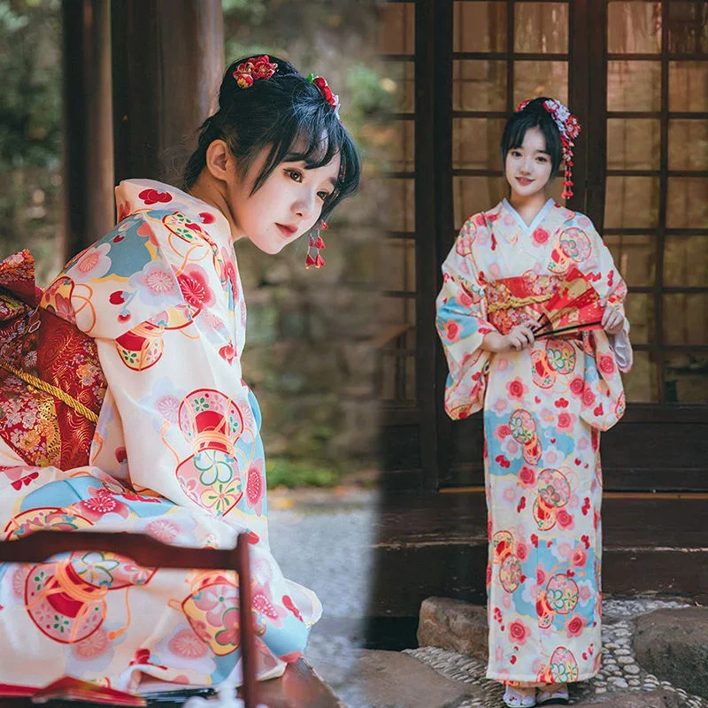 

Japanese Traditional Kimono Gown With Obi Print Flower Airy Dresses Costume Women Ladies Geisha Haori Yukata Kimono Gown Suit