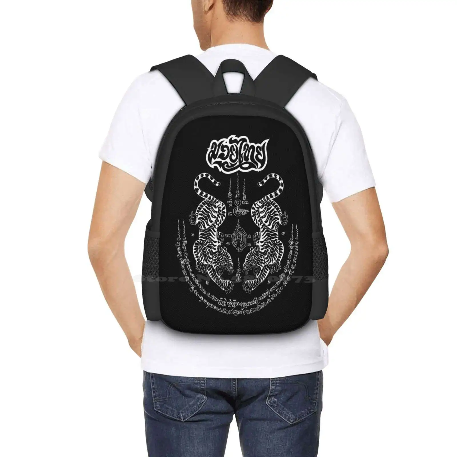 Muaythai Sak Yant Line Twin Tiger Design Teen College Student Backpack Pattern Design Bags Muaythai Martial Arts Muay Thai