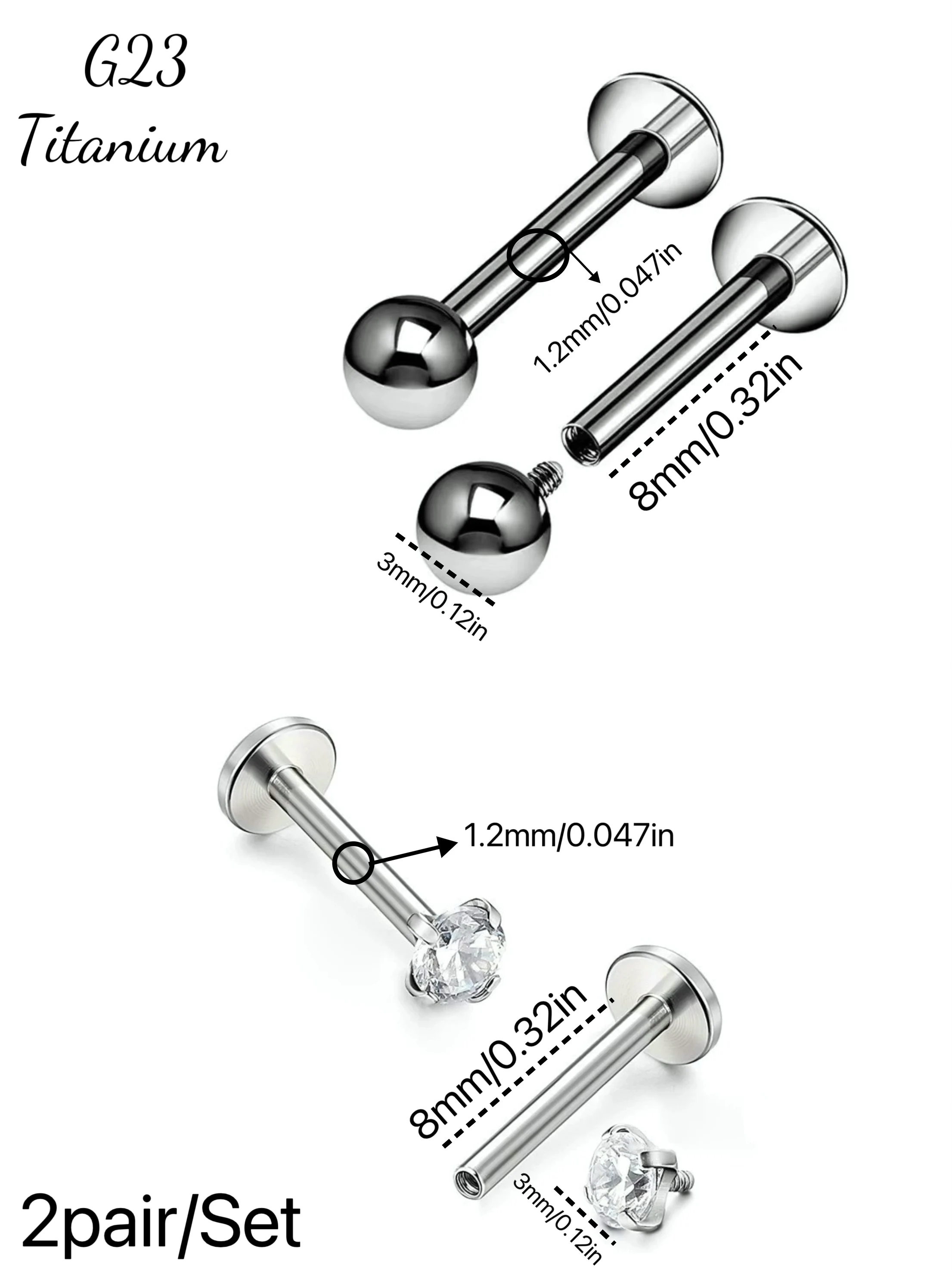 4PCS A Set G23 Titanium Basic Lip Piercing CZ Lip Stud Internal Ball& CZ Labret Piercing Ring Jewelry