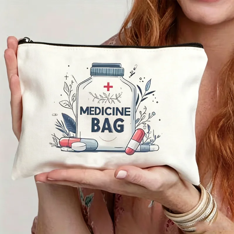 1 Medicine bag, travel bag - Lightweight、Foldable cosmetic storage box，With zipper closure，Hand Washable，White with herbal desig