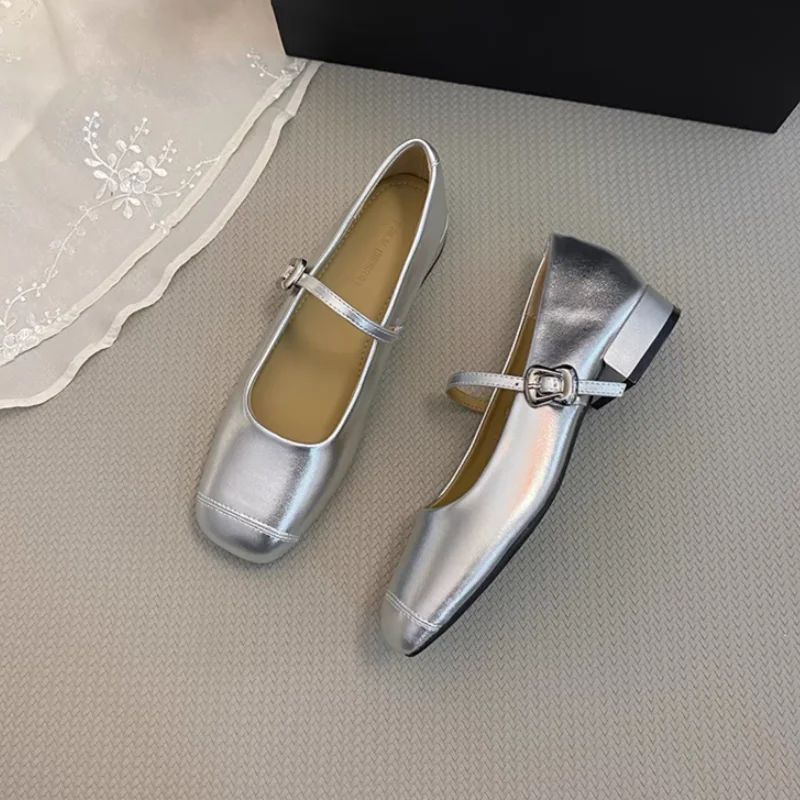 

Туфли Мэри Джейн, женские высококачественные кожаные балетки с пряжкой для женщин, женские туфли из воловьей кожи на плоской подошве с квадратным носком, 2025 г.