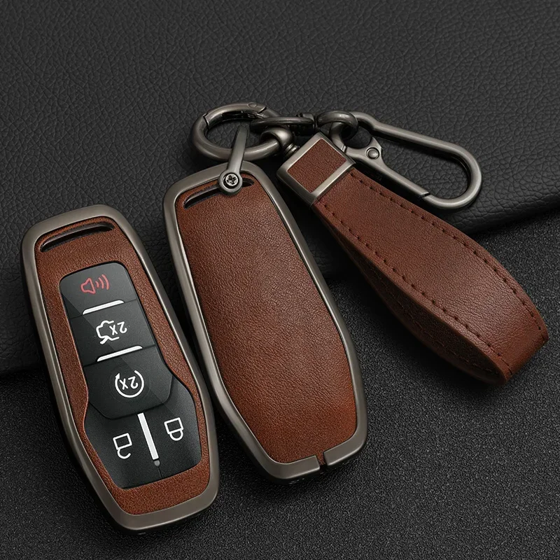 Zinc Alloy + Leather Car Key Case For Ford Mustang Fusion Explorer Edge F-150 Mondeo 2015 2016 2017 2018 For Lincoln MKZ MKC MKX