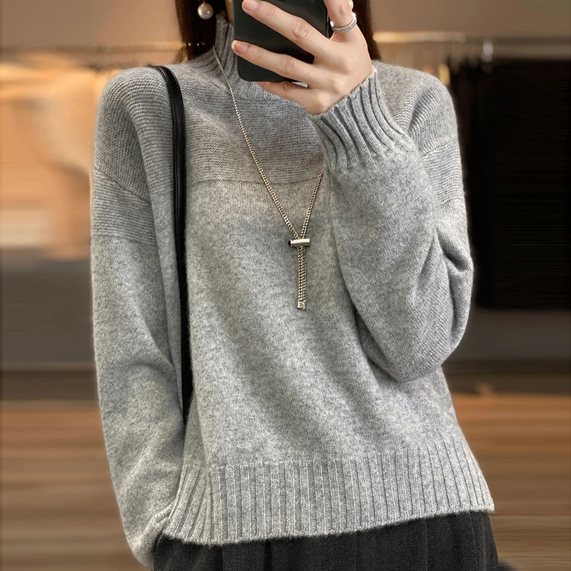 

Осень и зима, новый женский шерстяной пуловер с длинным рукавом, высоким воротником, вязаный узор, базовый мягкий свободный топ высокого качества
