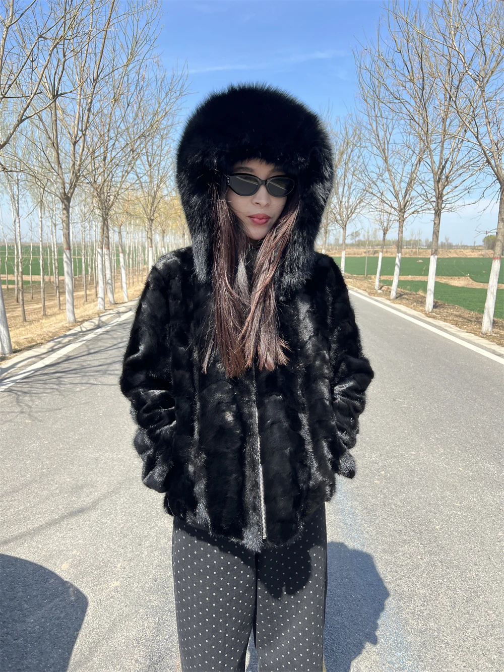 Long Mink Fur Jacket With Hood for Women, Plus Size, Long Sleeves, Natural Hooded mink Coat with Collar, Luxury Female