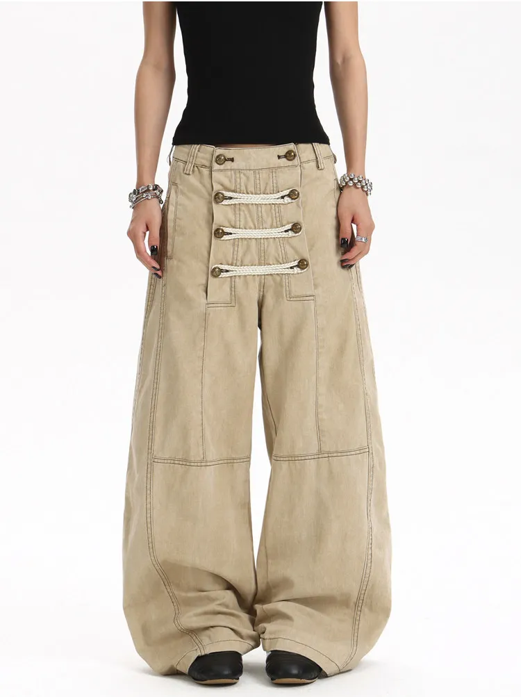 Original Design Multi-Row Rope Buckle Work Trousers Men's Women's Autumn Washed Distressed Wide Leg Long Pants Casual Loose Fit