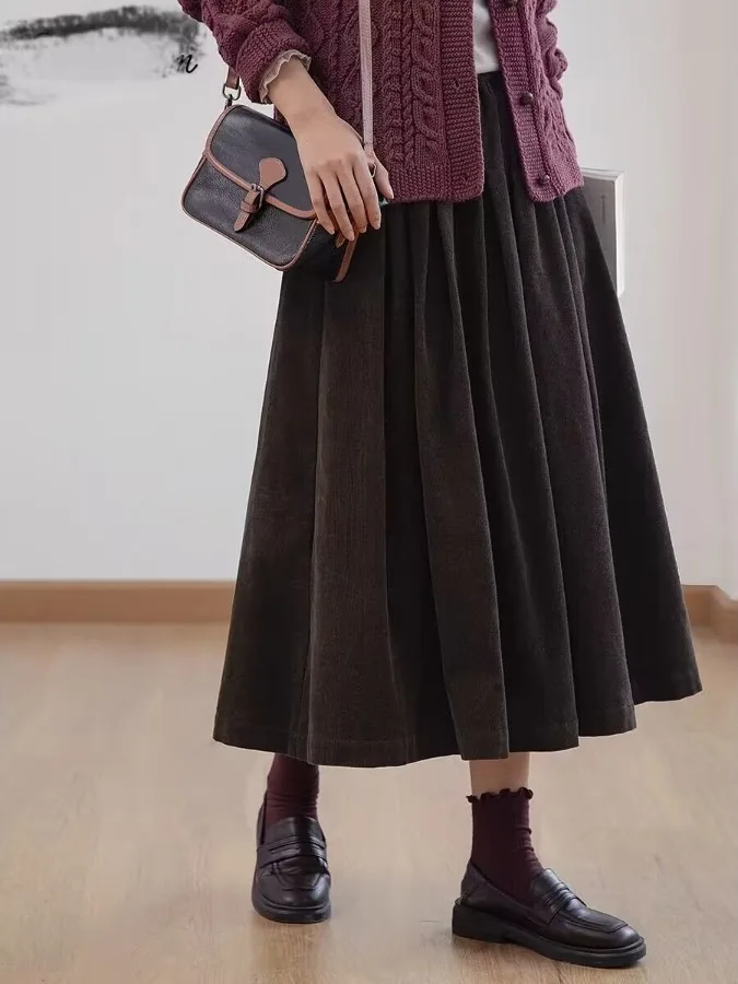 

Retro Japanese Sle Corduroy f Skirt Women's A-Line Slimming High Waist Drapey Umbrella Skirt Coffee Color Autumn Winter ...