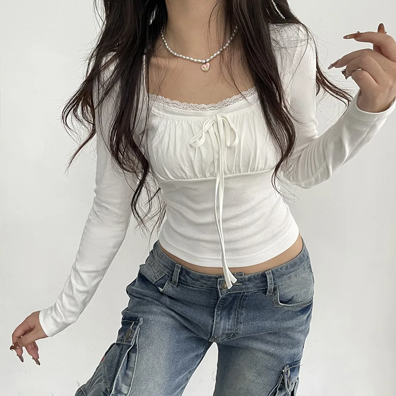 

Y 2k White Long Sleeve T-shirt Lace Harajuku Japanese Emo Crop Top Women Trashy 2000s Clothes Yk2 Cuteore Gyaru Pulovers Tshirt