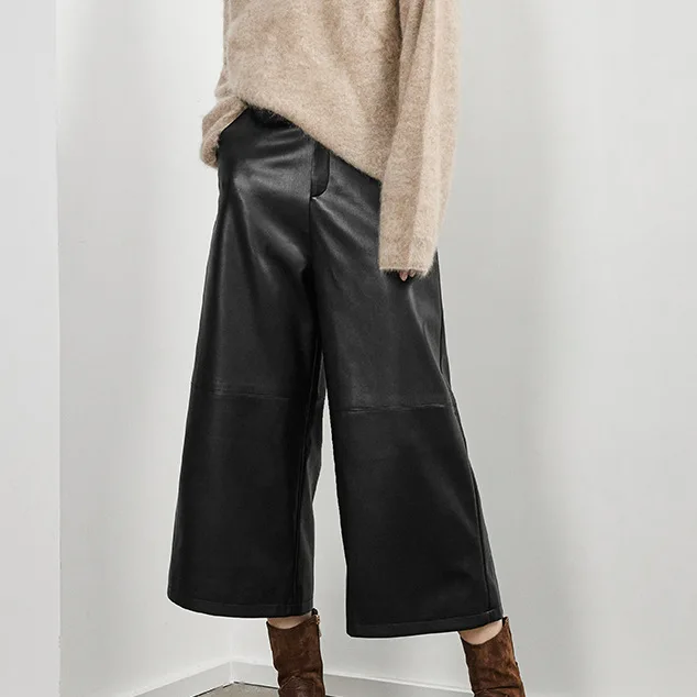 Genuine leather pants, new autumn/winter 2024 commuting style, versatile and slimming basic wide leg wide leg sheep leather