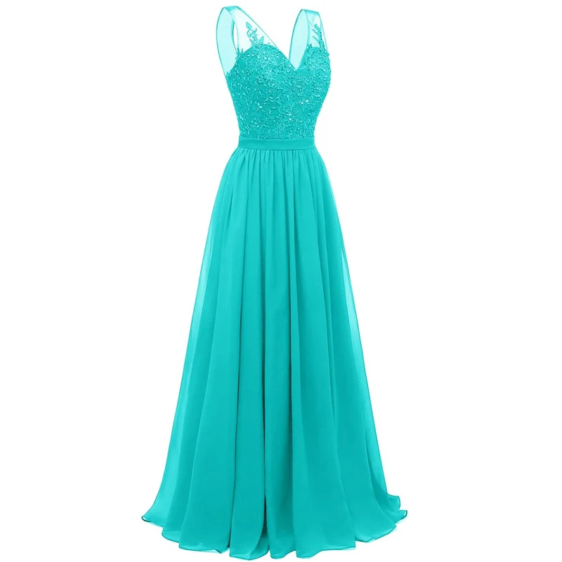 

Turquoise V Neck Chiffon Bridesmaid Dresses Long Lace Decal Beaded Formal Prom Evening Gowns Free Delivery Guest Wedding Party