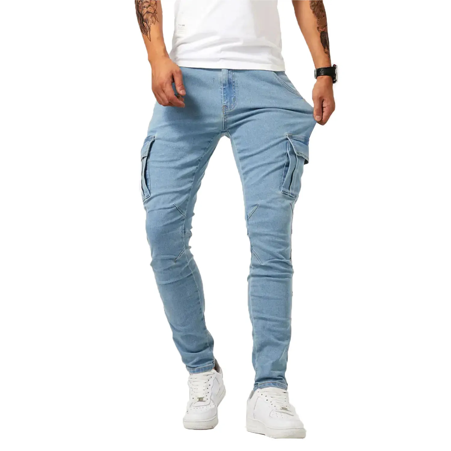 Men's workwear casual pants, men's stretch denim overalls, men's multi-pocket high street fashion skinny jeans