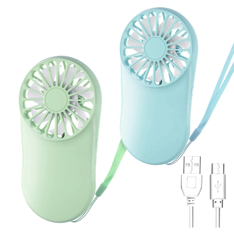 

2 Pcs Mini Handheld Fan Adjustable Portable Fan USB Rechargeable Fan With Lanyard For Outdoor Travel Cooling,Green&Blue