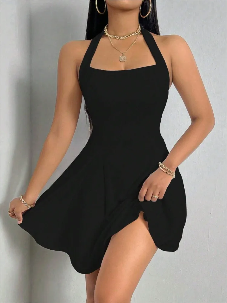 

Women's Summer Sleeveless A-Line Dress 2026 Sexy Mini Elegant Halter Neck High Waist Dress Party Club Evening Fit Dress Female