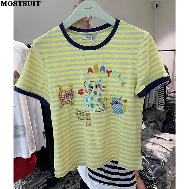 

Summer Striped Knit Sweater Tees Women Kitty Embroidered Short Sleeve O-neck Tops Knitwear Casual Fashion Stylish Chic Jumpers