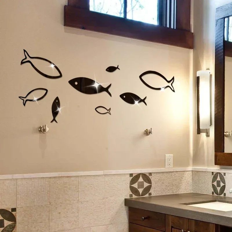 Stereoscopic Fish School Mirror Wall Stickers Living Room Bathroom Wall Tiles Waterproof Self-adhesive Decorative Stickers