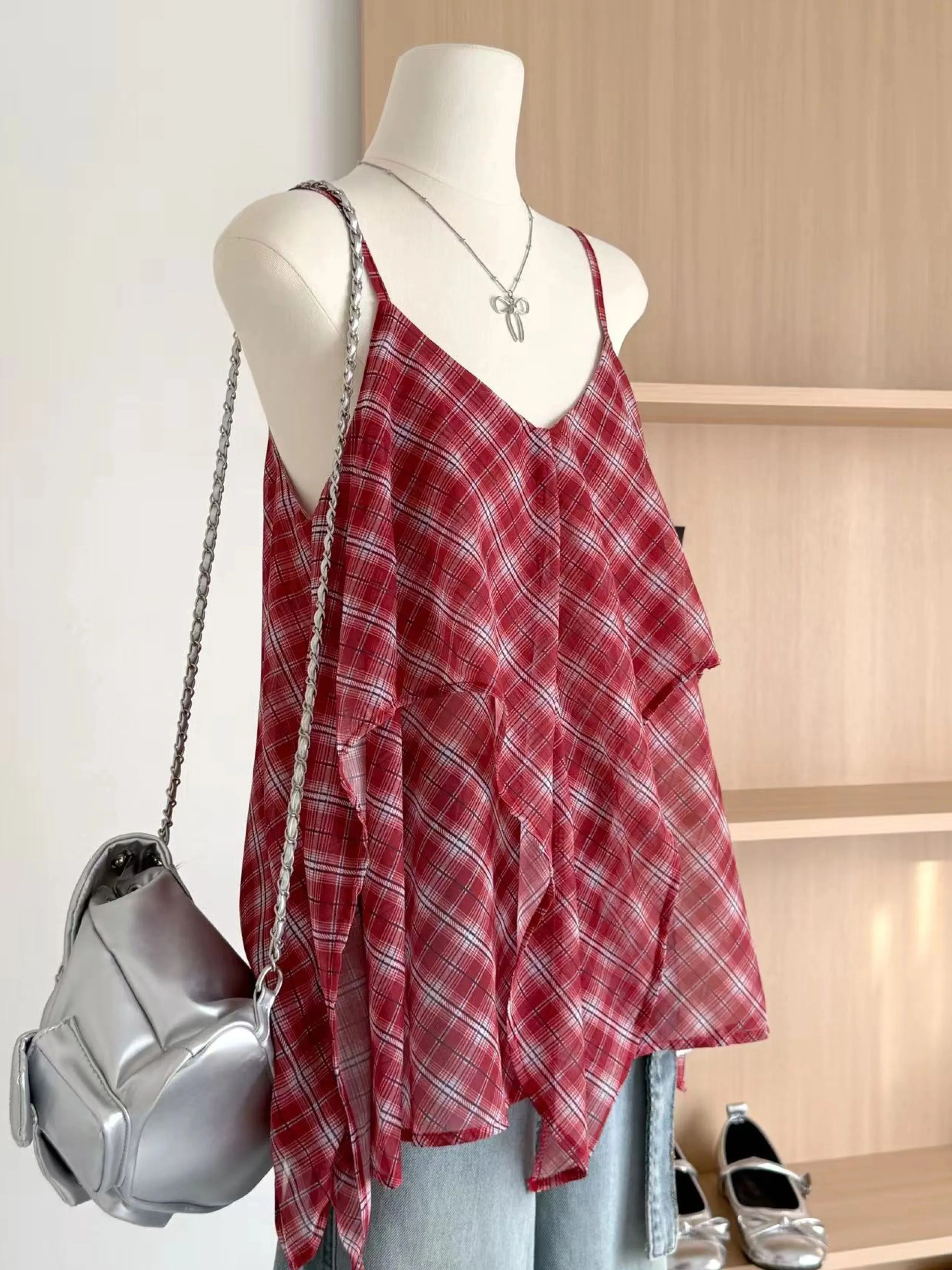 Thai Vacation Retro Slim Checkered Strap Vest Women Summer Outerwear Inner Match Sleeveless Irregular Top Thin Breathable