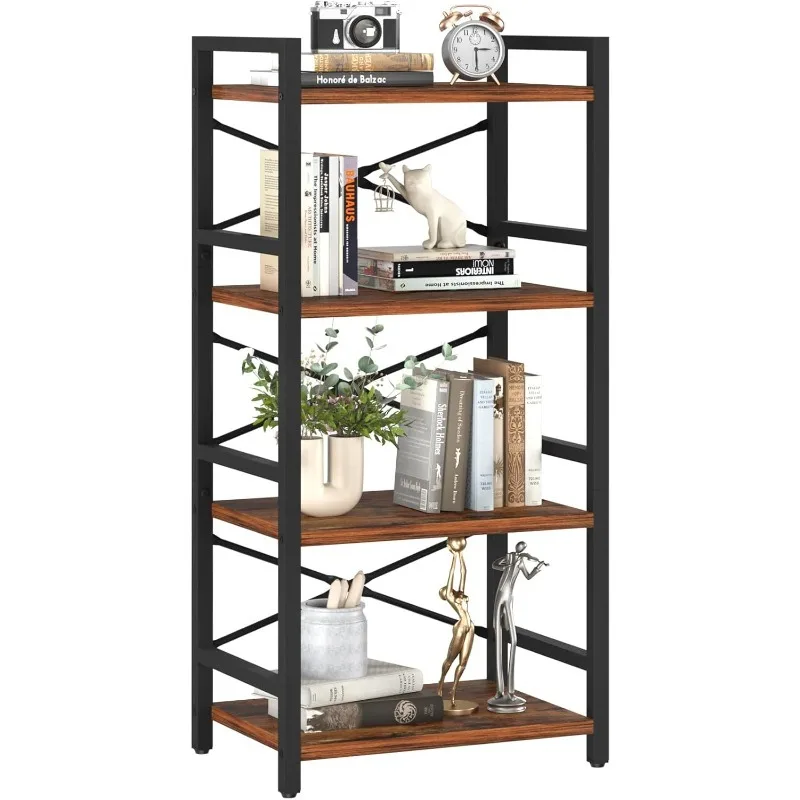 4 Tier Bookshelf - Small Book Shelf Industrial Bookcase, Narrow Book Case Book Storage Organizer for CD/Movie/Book