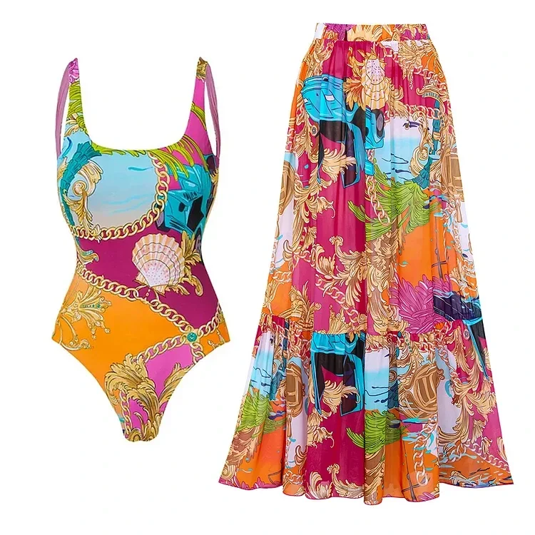 2024 Women Round Neck Shell Printed One Piece Swimsuit and Skirt Set Swimwear