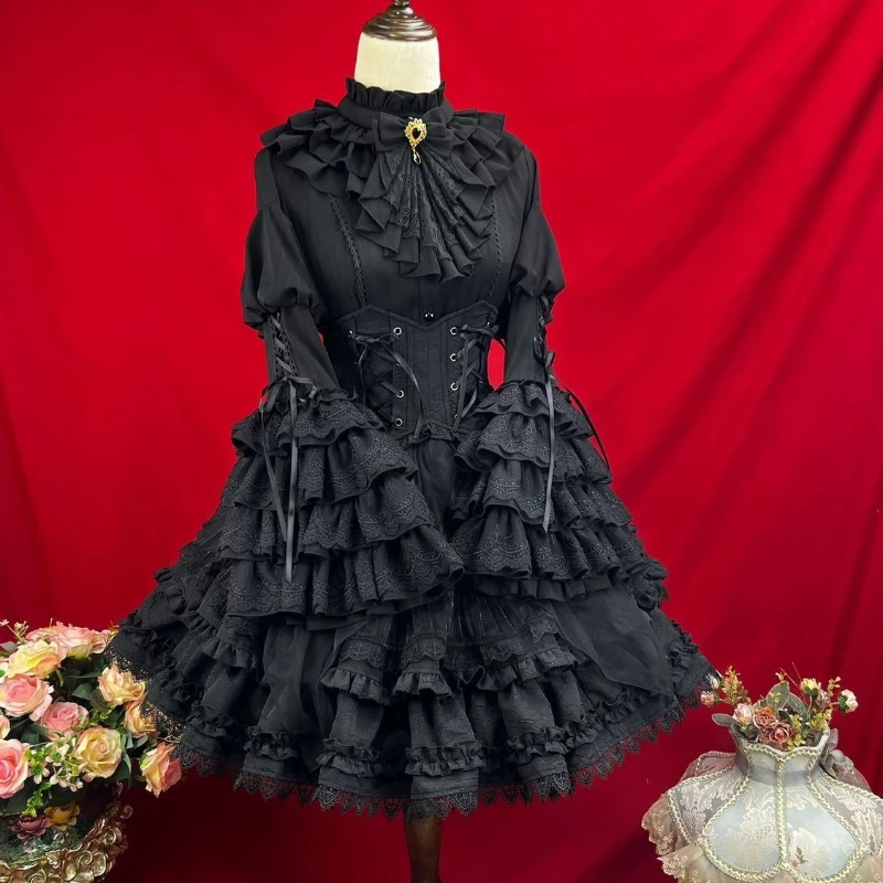 Japanese Gothic Y2k 3 Piece Set Women Retro Lace Ruffle Flare Long Sleeve Bow Shirts Sweet Mini Cake Skirt Elegant Princess Suit image 2