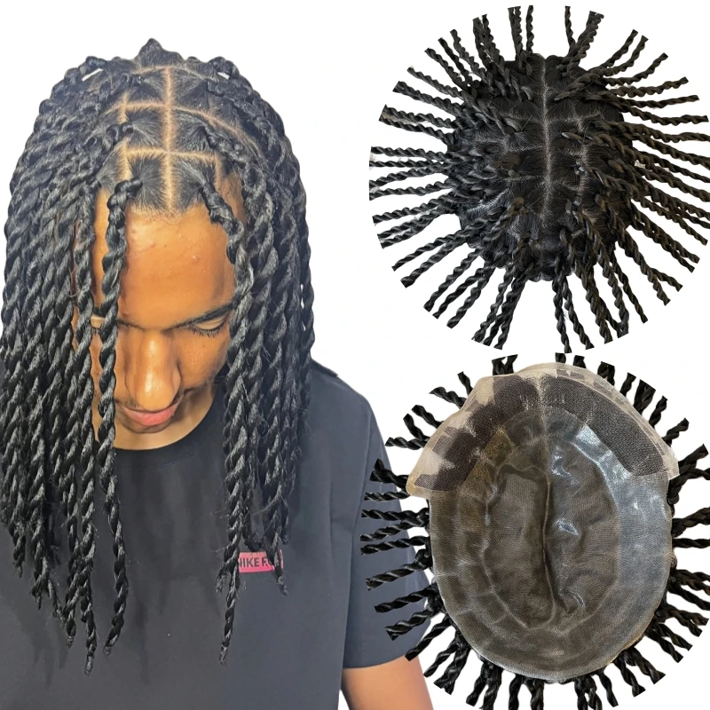 10 Inches Indian Virgin Human Hair Replacement Twist Braids BIO Toupee Front Lace Unit for Black Men