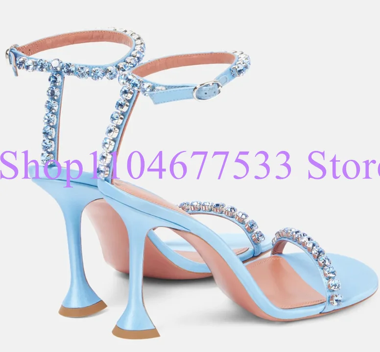 Blue Color Crystal Lady Sandals Fashion Rhinestone Thin Heel Woman Gladiator Sandals Female Dress Party High Heels Pumps Shoes