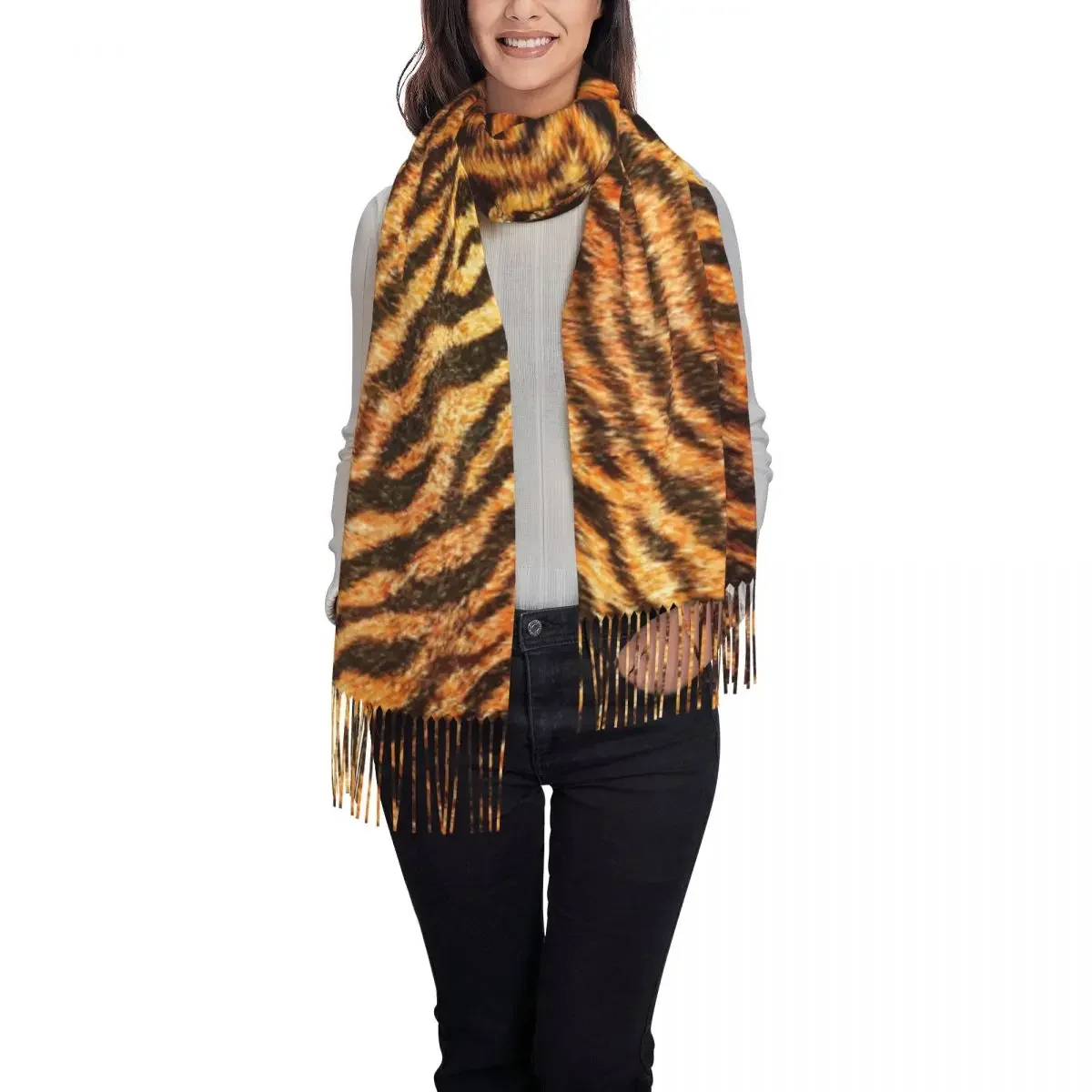 Ladies Large Bengal Tiger Wildlife Print Pattern Scarves Winter Fall Thick Warm Tassel Shawl Wraps Animal Skin Leopard Fur Scarf