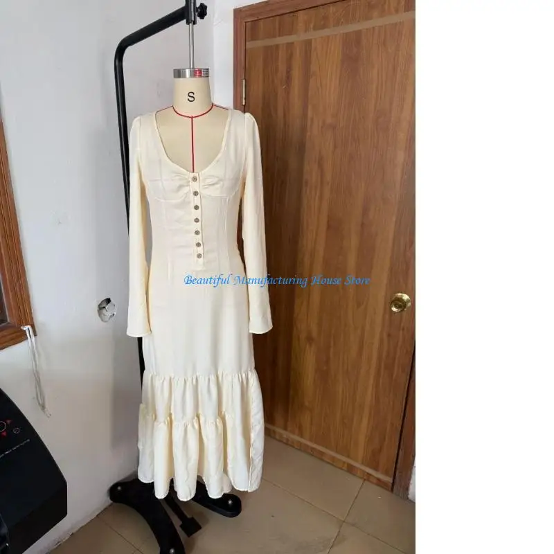 

E56A женское однотонное платье в стиле вестерн с длинным рукавом и квадратным вырезом на пуговицах спереди, корсетное платье с