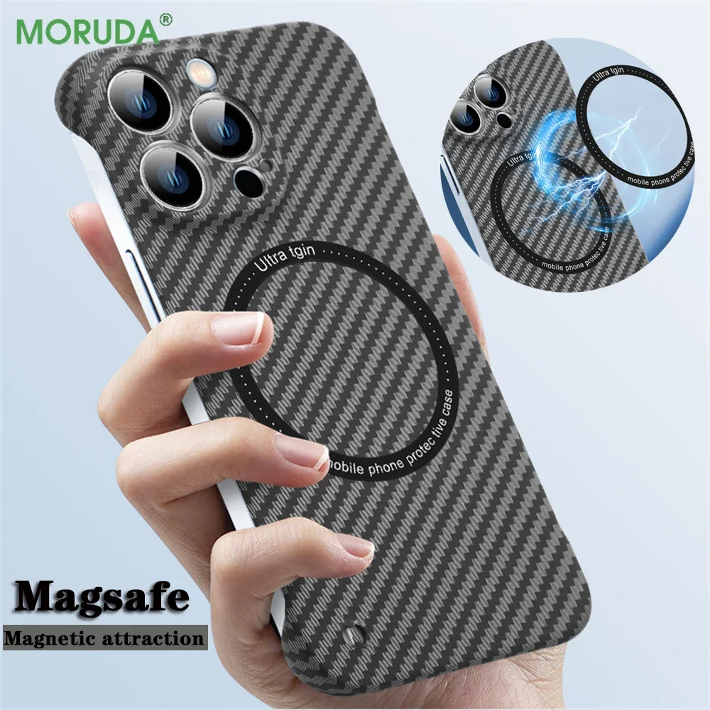 Ultra Thin Carbon Fiber Magnetic Case for iPhone 16 15 ProMax 14 Plus 13 12 11 Pro Max Magsafe Wireless Charging Frameless Cover