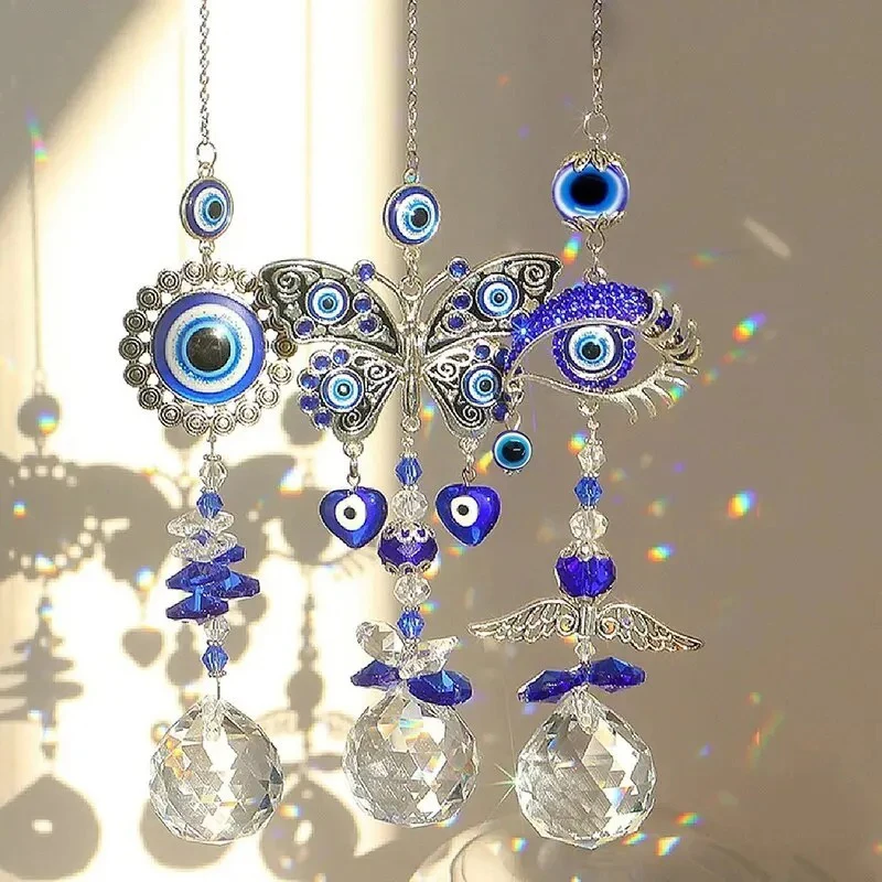 Turco Azul Evil Eye Cristal Pendurado Decorações, Pingente De Borboleta, Luz e Sombra, Wind Chimes, Carro, Casa