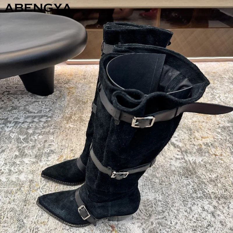 Winter Black Suede Leather Knee High Boots Women Pointy Toe Belt Buckle Motorcycle Long Boots Designer Party Thigh Boots Women view 2
