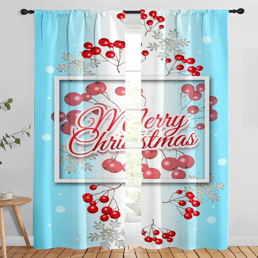 2PCS Digital Print Curtains, Light Blue Background Red Berries Snowflakes Merry Christmas Frame, Fresh Festive Style - Christmas