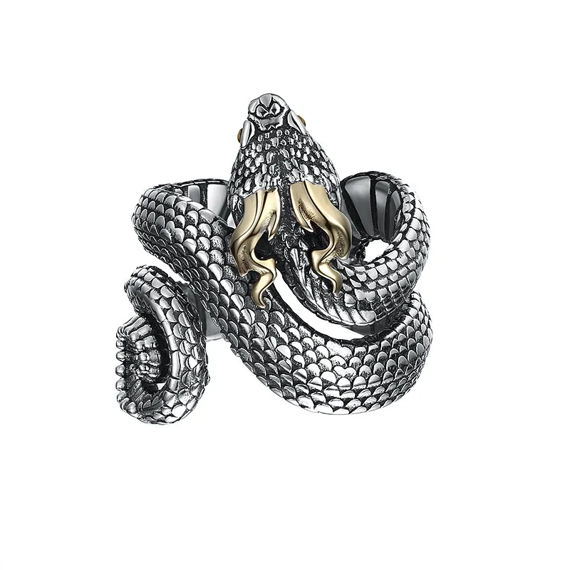 

28mm Width Real Silver Retro Big Serpent Open Rings For Woman Man S925 Sterling Silver Resizable Spirit Snake Ring Jewelry Gift