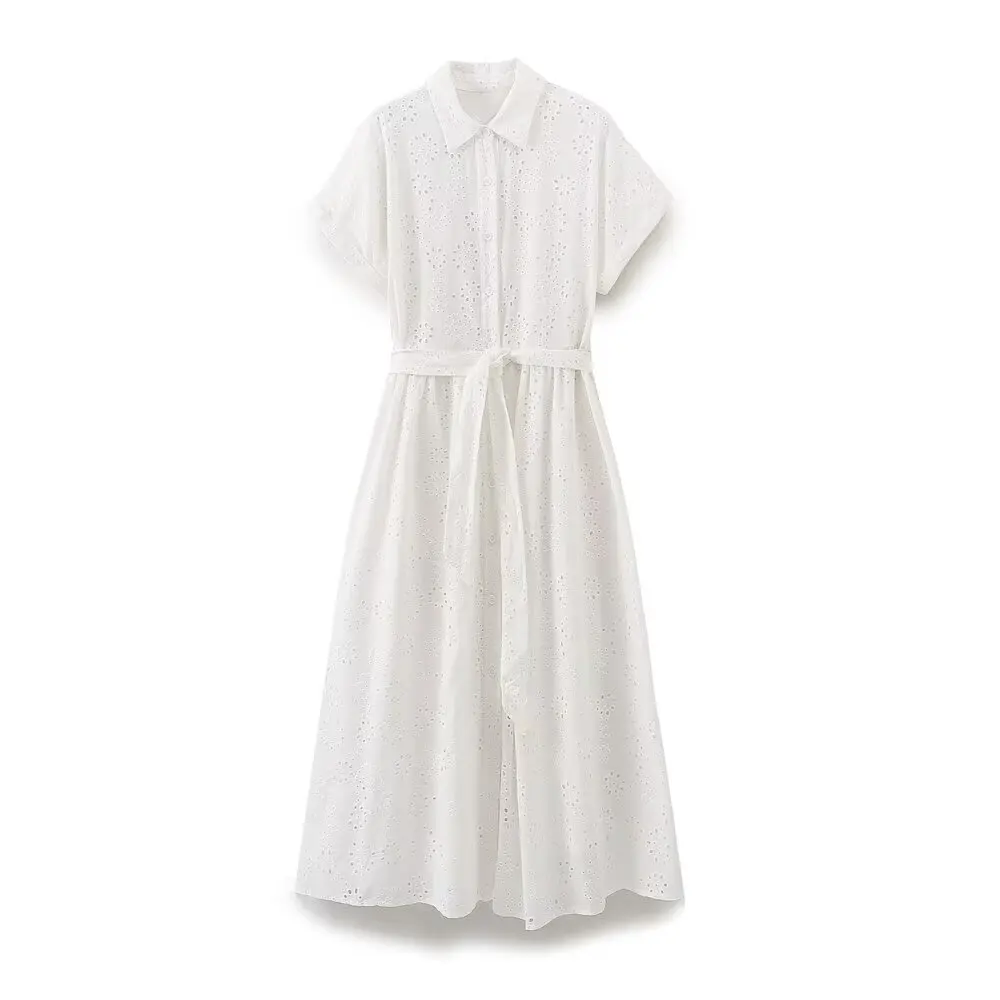 

ZBZA Women Hollow Embroidered Midi Dress Lace-up Lapel Single-breasted Short-sleeved High-waist A-line Dress Summer New Chic Top