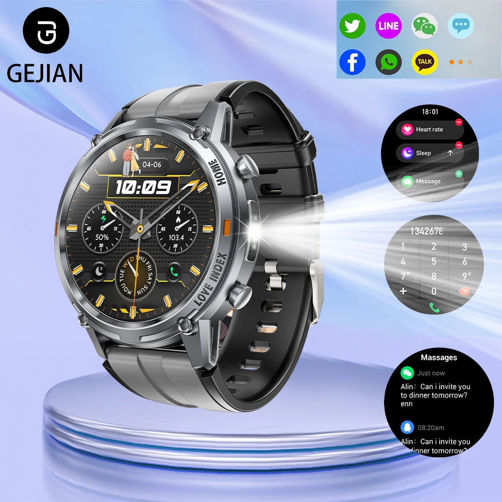 

GEJIAN 2025 новые умные часы с Bluetooth-фонариком для вызова, спортивные траектории, мониторинг сердечного ритма, водонепроницаемые умные часы для фитнеса