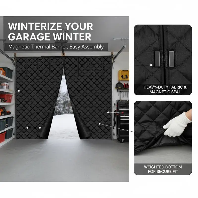 Thermal Insulated Garage Enclosure 8x7FT For Workshop Storage Gym, 300D Oxford Fabric Heavy Duty Weighted Bottom Magnetic Self-Closing Privacy Protection Hook and Loop Installation Black Finish