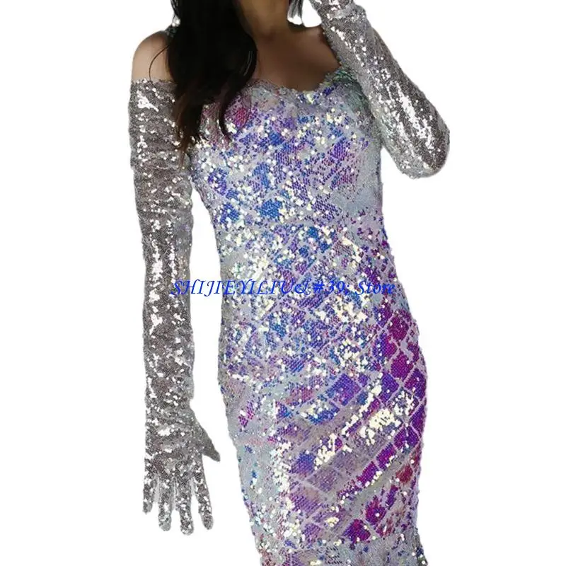 E21F 1pair Sequins Elastics Gloves Wedding Party Brial Mittens Evening Dance Gloves