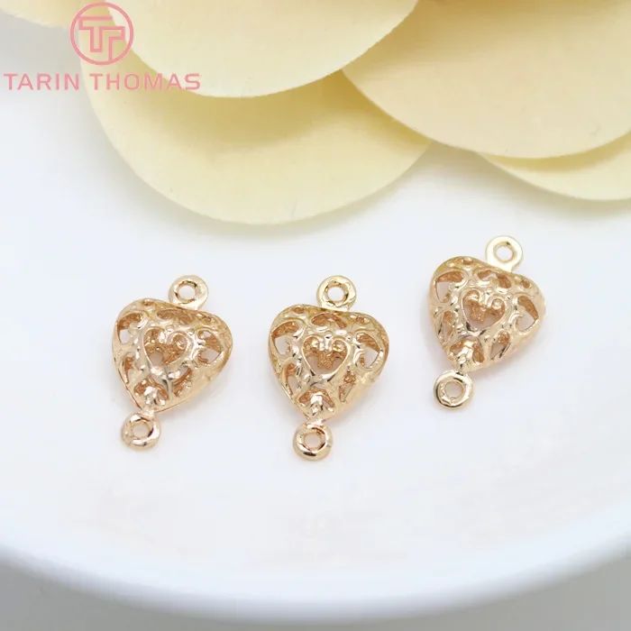 (584)10PCS 9x14MM 24K Gold Color Plated Brass 2 holes Hollow Heart Charms High Quality Diy Jewelry Accessories