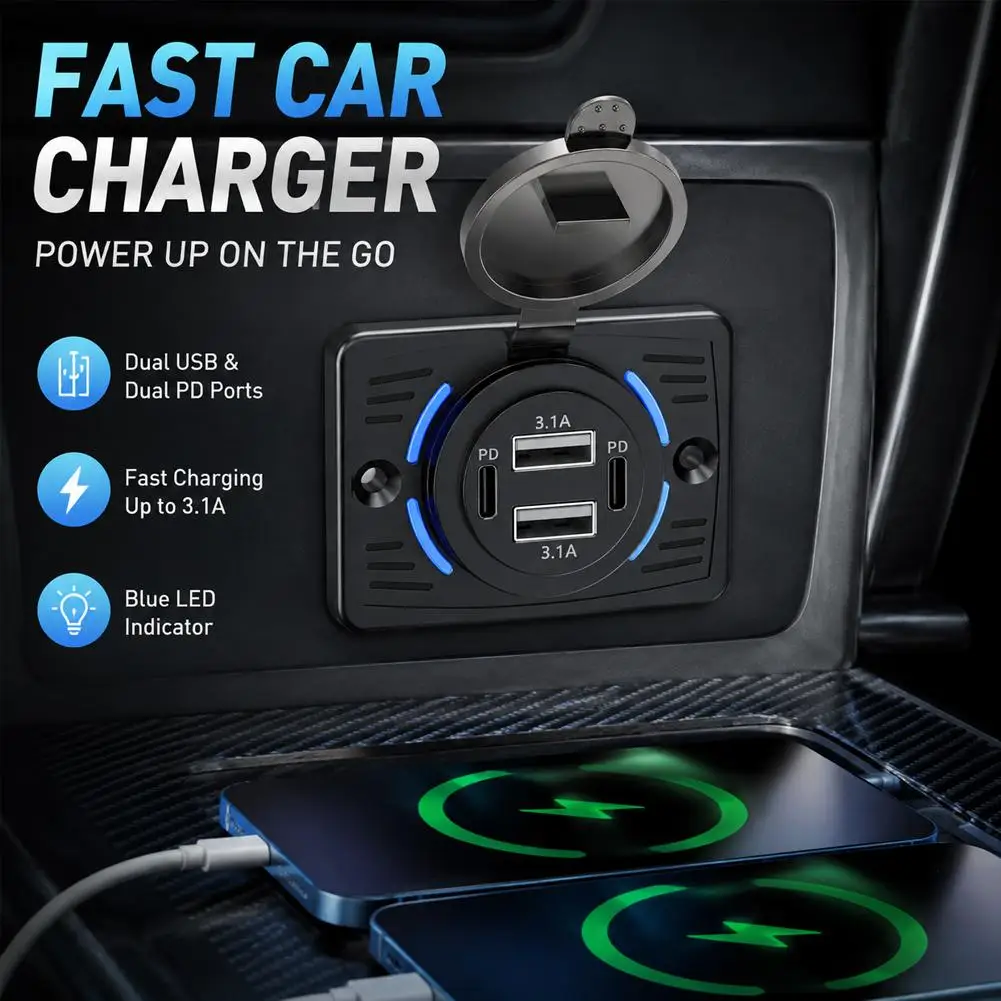 12V-24V Dual USB QC3.0 PD 3.1A/2.1A Car Charger Socket Quick Charge with Sliding Cap Outlet Panel Adapter for Truck Camper RV ﻿