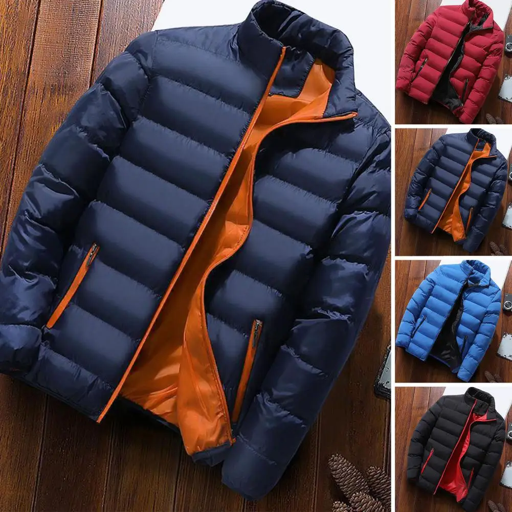 Stand Collar Thick Jacket Winter Men\'s Padded Coat Thick Windproof Warm Jacket with Stand Collar Zipper Closure Full Zipper Coat