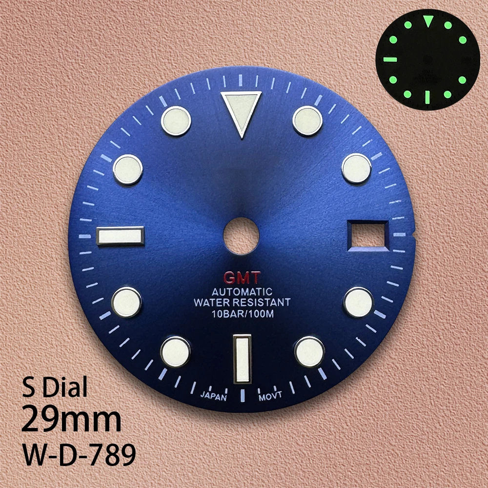 29mm GMT S 로고 선버스트 다이얼 NH34 무브먼트 그린 루미너스 고품질 다이얼 시계 수정 액세서리 3/3.8/4시