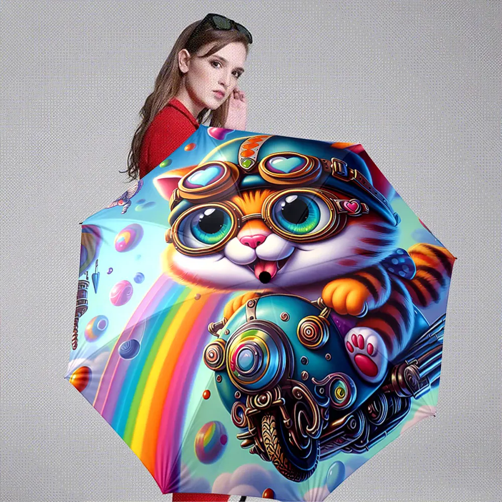 Cute Steampunk Cat Flying Art Print, Portable Folding Umbrella, Gift for Family Friends