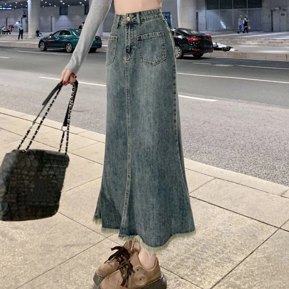 

Classic High Waist Denim Skirt Women Solid Color Chic High Waist Long Skirt Loose Retro Hairy Fishtail Skirt Summer
