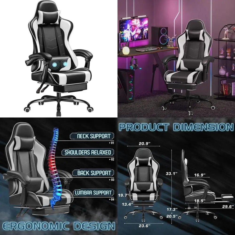 Ergonomic Gaming Chair with Lumbar Support, Recline, and Massage, Adjustable Height Swivel Seat (White)
