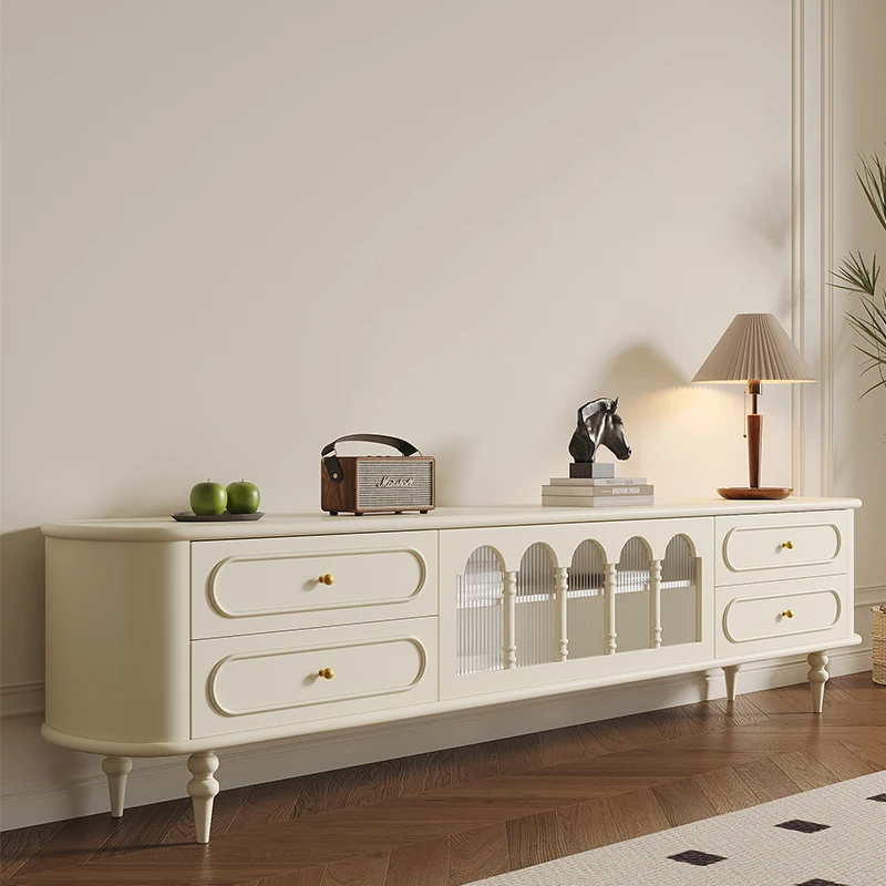

French retro style tall TV cabinet living room solid wood paint locker light luxury cream style American TV cabinet