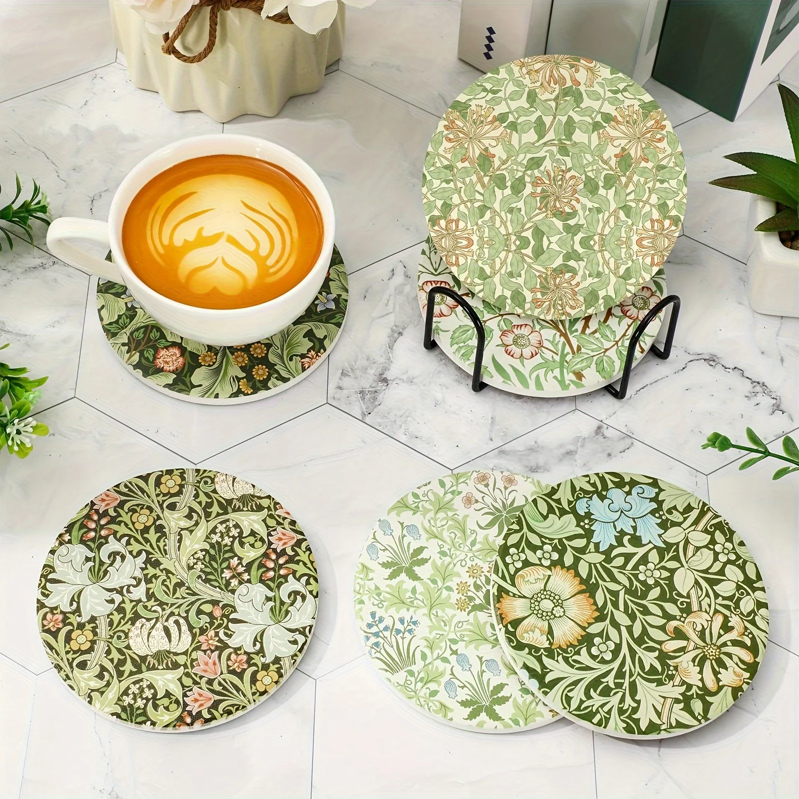 2D Wooden Coasters Set of 6 Rural Freshness Plants Flowers Design for Coffee Shop Office Bar Home Decor Gifts Heat Insulation
