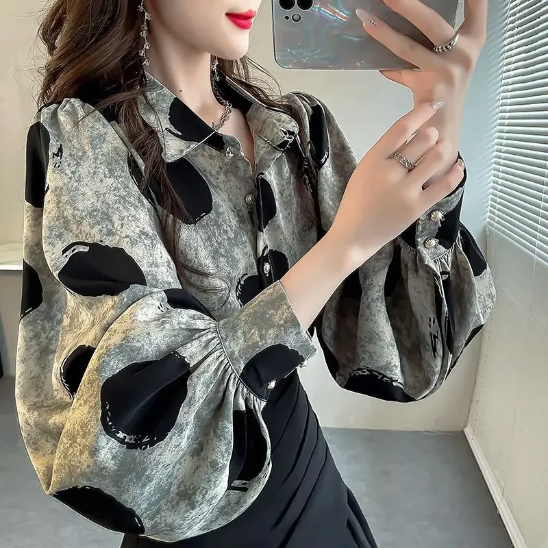 

Office Lady Polka Dot Printed Blouse Women's Clothing Single-breasted Spring Autumn Lantern Sleeve Turn-down Collar Loose Shirt