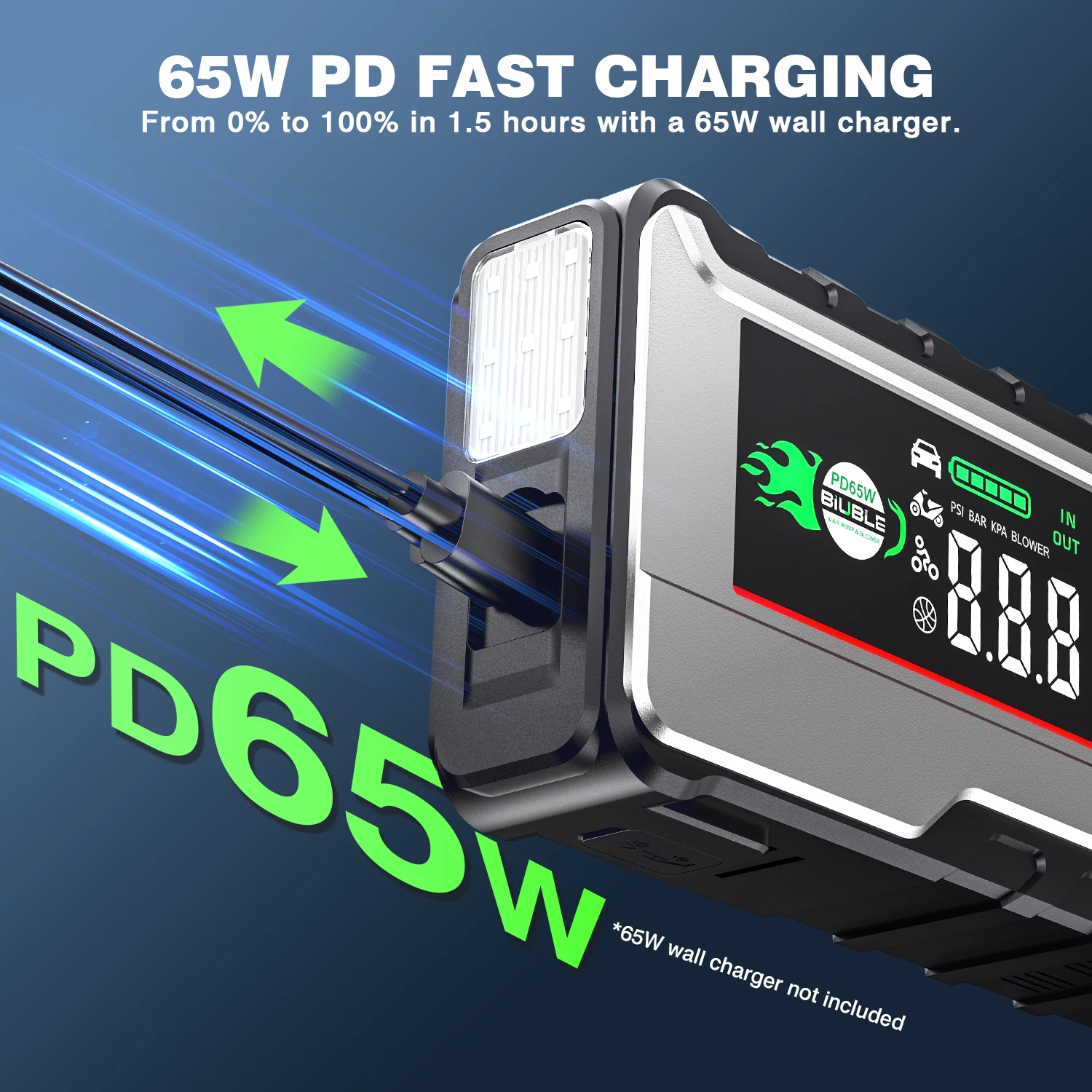 Starthilfe-Powerbank 12V Booster für Autostart 10000A Batterie-Schnellladegerät Tragbares Auto-Startgerät Powerbank, PD65W Powerbank Tragbare 150PSI Luftpumpe, LCD-Display & LED-Licht, zum Starten von