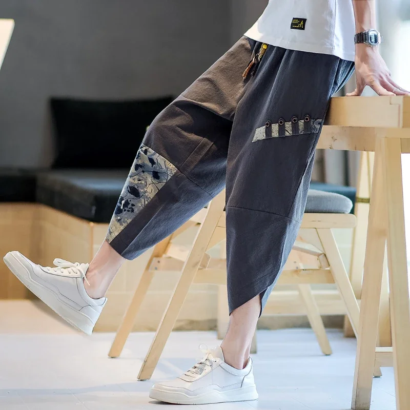 Japanese Kimono Pants Men Cotton Breathable Samurai Clothing Pants Men Loose Print Retro Harem Shorts Harajuku Hip Hop trousers