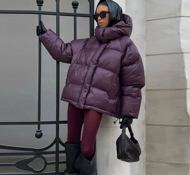 

Women's Elegant High Neck Cotton Coat New Vintage Burgundy Shiny Jacket Winter Loose Classical Thick Warm Hooded Outerwear