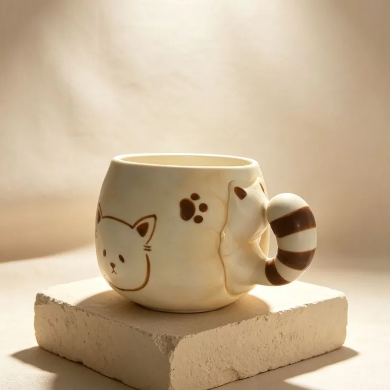 Creative Cute Cat Pattern with Upturned Tail Ceramic Mug, Milk Coffee Cup Suitable for Home Living Room Beverage Utensils